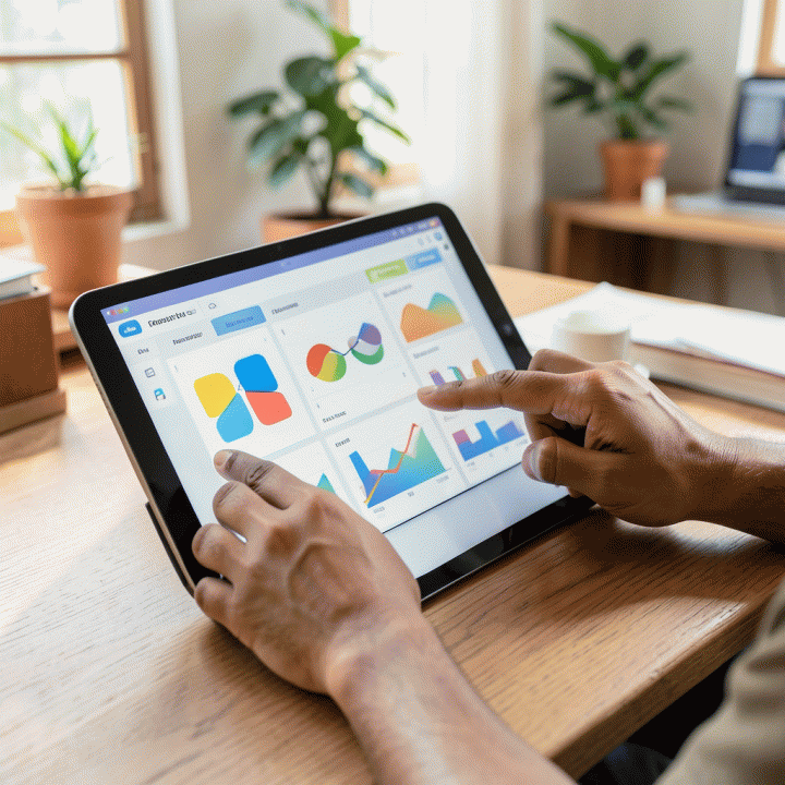 Tangan yang sedang berinteraksi dengan tablet yang menampilkan antarmuka dashboard produktivitas yang mudah digunakan, menunjukkan proses perencanaan dan manajemen waktu yang sederhana.