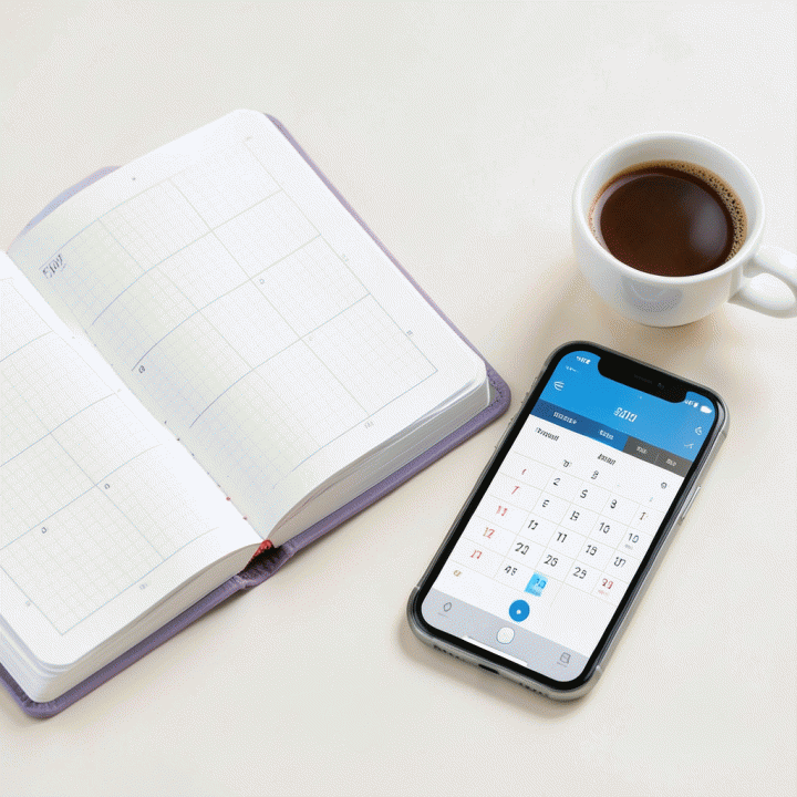 Komposisi estetis dari buku planner terbuka, kalender digital, dan cangkir kopi, melambangkan perencanaan waktu dan produktivitas yang terorganisir.
