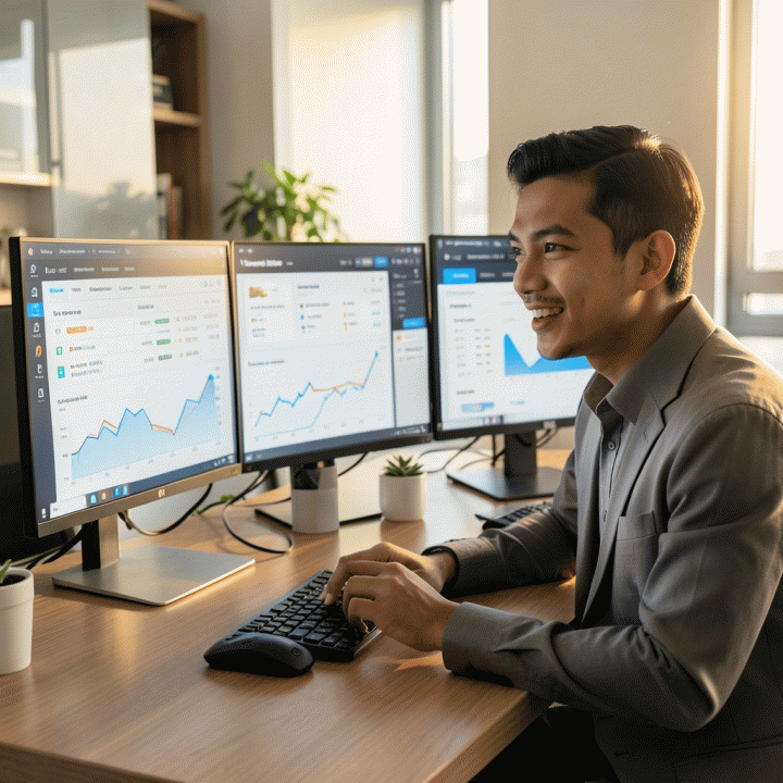 Seorang pengusaha muda Indonesia menganalisis dashboard data penjualan e-commerce yang kompleks di meja kerja modern, menunjukkan pemanfaatan analitik bisnis untuk meraih profit maksimal.