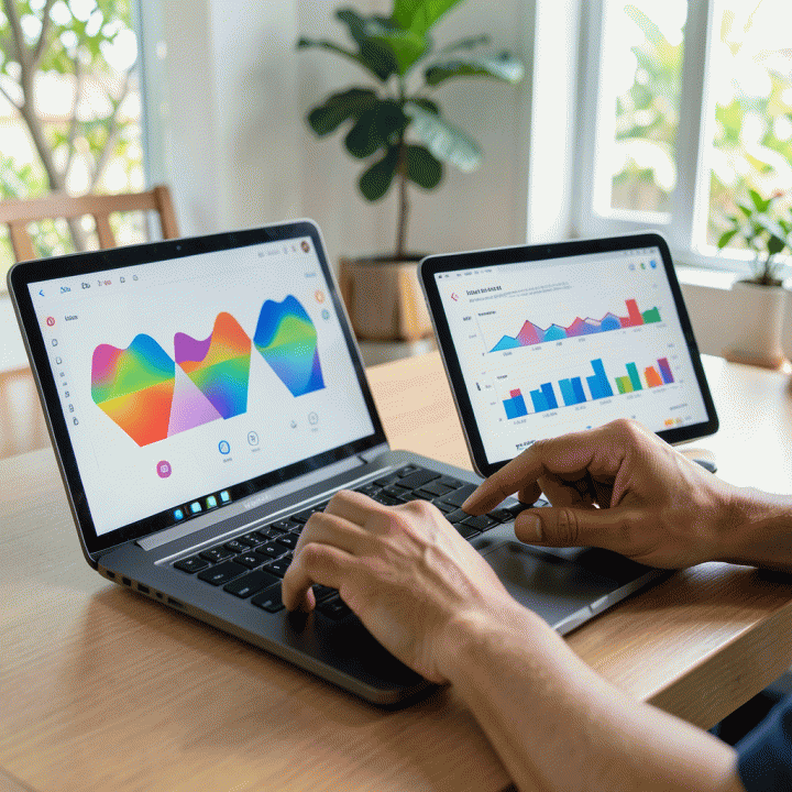Tangan seorang pengguna sedang menganalisis dashboard e-commerce profesional di laptop dan tablet, fokus pada visualisasi grafik dan metrik penjualan.