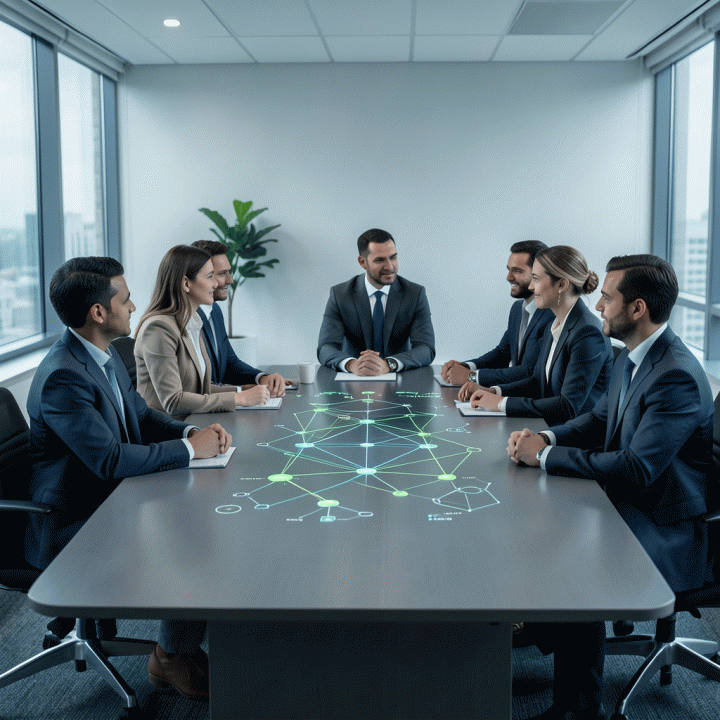 Seorang tim profesional sedang menganalisis visualisasi data bauran iklan yang kompleks dan teroptimasi di meja rapat modern, menunjukkan strategi pemasaran yang berbasis data.
