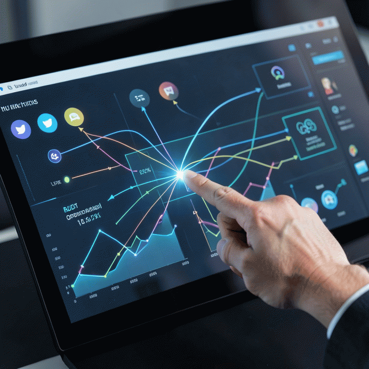Visualisasi dashboard digital yang kompleks menunjukkan alokasi anggaran iklan yang teroptimasi di berbagai saluran pemasaran.