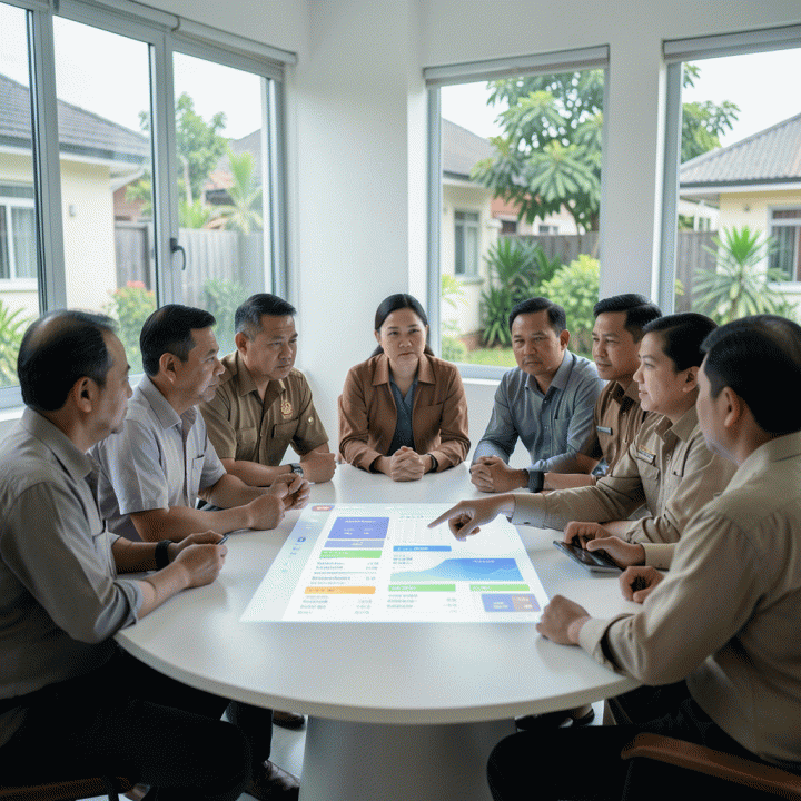 Pengurus RT/RW Indonesia yang sedang rapat, membahas data warga menggunakan dashboard digital modern yang abstrak dan bersih.