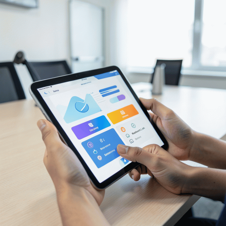 Tangan pengurus RT/RW memasukkan data warga ke dalam tablet digital yang menampilkan antarmuka administrasi lingkungan yang rapi.