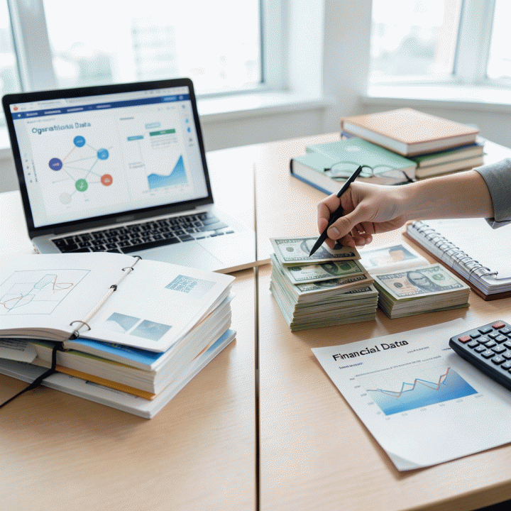 Visualisasi pemisahan data operasional dan keuangan di meja kerja modern, menunjukkan struktur dan organisasi yang jelas.
