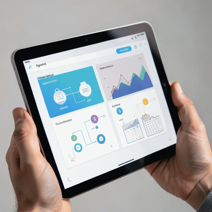 Tangan menggunakan tablet yang menampilkan dashboard terpisah antara data operasional dan keuangan, menunjukkan pemisahan yang terstruktur.