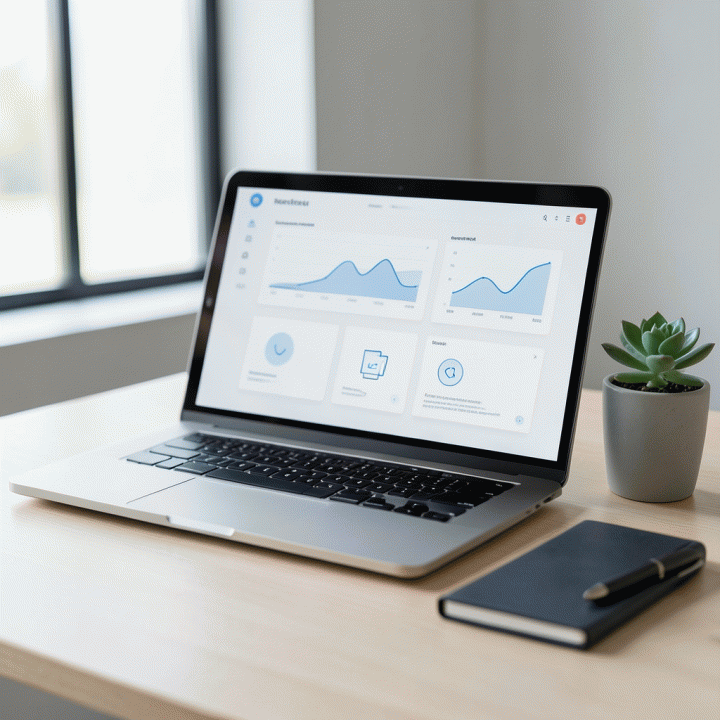 Meja kerja modern yang minimalis dengan laptop menampilkan dashboard digital abstrak dan terorganisir, dikelilingi oleh alat tulis elegan, melambangkan strategi branding yang terencana.