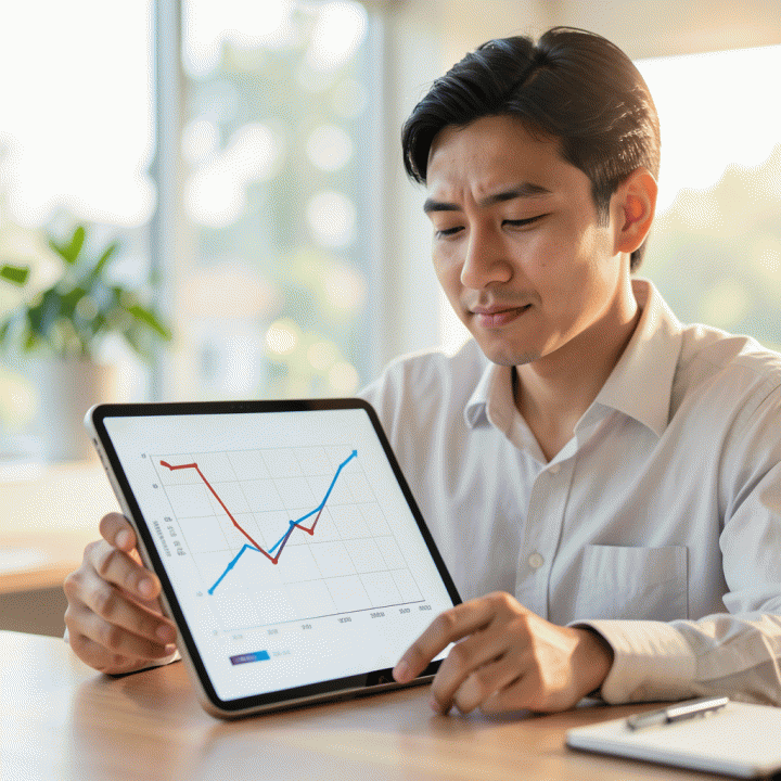 Seorang profesional muda Indonesia yang terlihat lega melihat grafik penurunan utang yang signifikan di tablet, melambangkan kelegaan finansial.