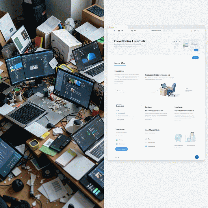 Perbandingan visual antara proses desain landing page yang rumit dan proses yang sangat efisien dan rapi menggunakan alat AI.
