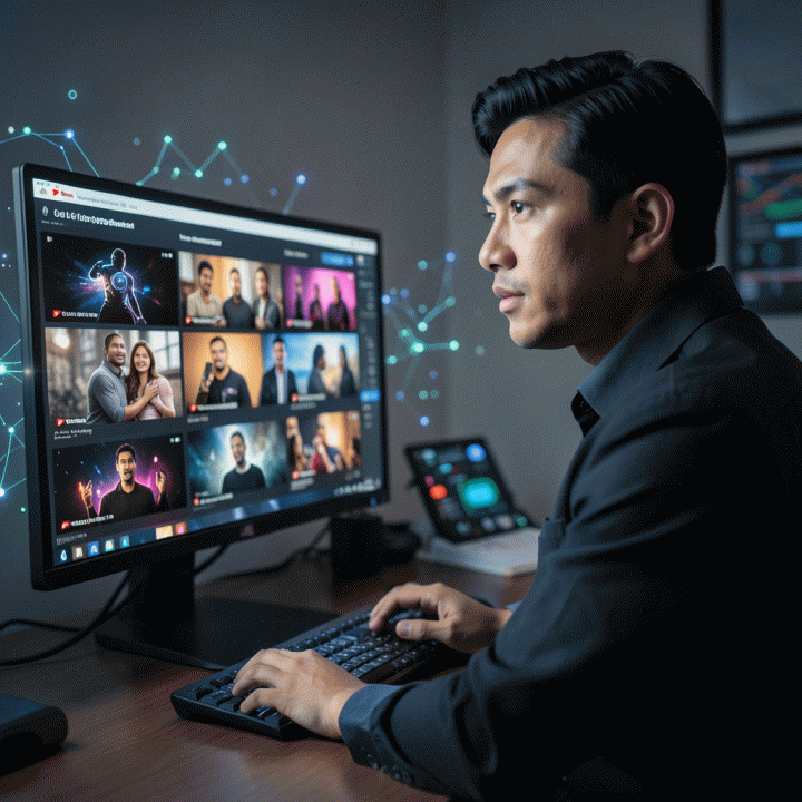 Seorang content creator profesional yang tampak percaya diri di depan layar monitor yang menampilkan berbagai konsep thumbnail YouTube yang menarik dan berdaya jual tinggi, melambangkan otomatisasi desain konten dengan AI.