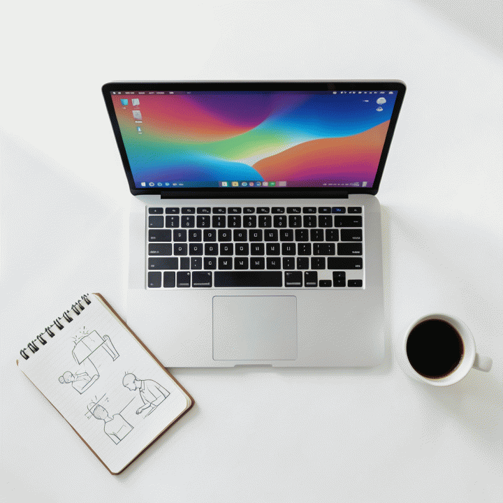 Tampilan atas meja kerja modern yang rapi, menunjukkan alat bantu perencanaan konten dan desain, melambangkan konsistensi dan strategi.