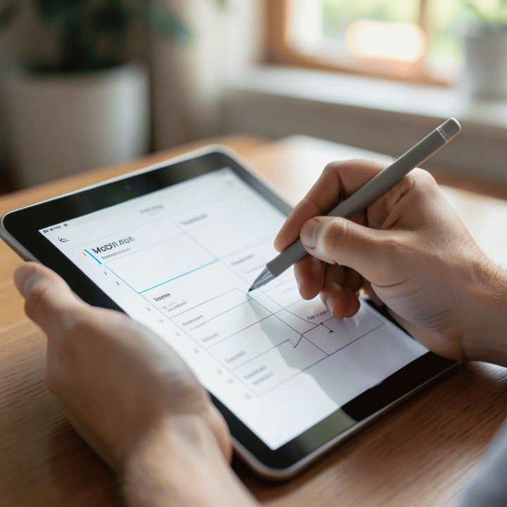 Tangan menggunakan stylus pada tablet untuk membuat jurnal digital, menunjukkan antarmuka yang bersih dan terstruktur.