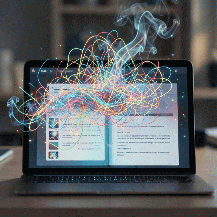 Visualisasi abstrak pikiran yang berantakan menjadi jurnal yang terstruktur dan jelas, menunjukkan proses manajemen pikiran.