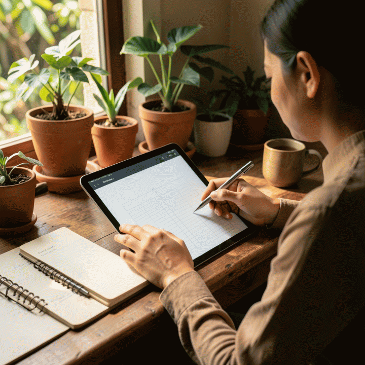Seorang profesional di ruang kerja yang nyaman sedang menulis jurnal digital di tablet, menunjukkan suasana refleksi diri dan produktivitas.