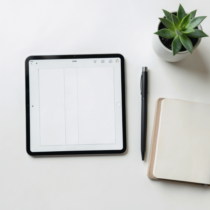 Komposisi flat lay yang memperlihatkan peralatan jurnalistik digital dan fisik, melambangkan proses refleksi diri yang terstruktur.