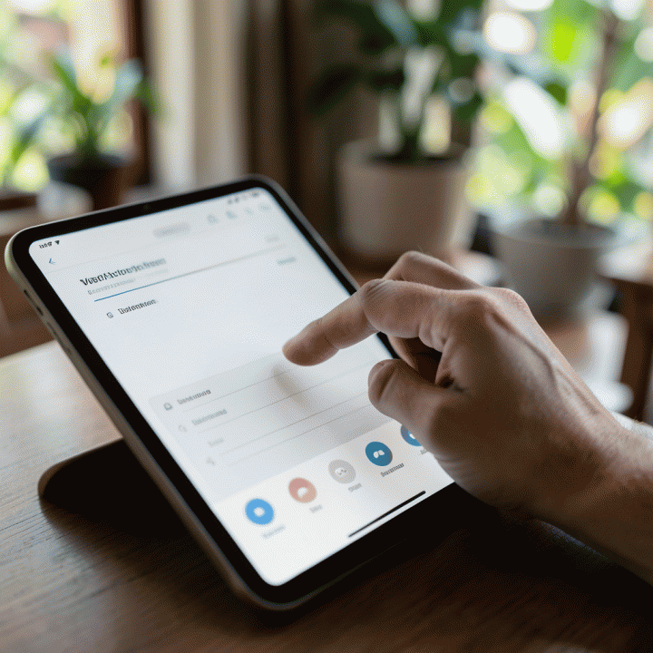 Tangan seseorang sedang mencatat atau memasukkan data refleksi ke dalam tablet digital yang elegan.
