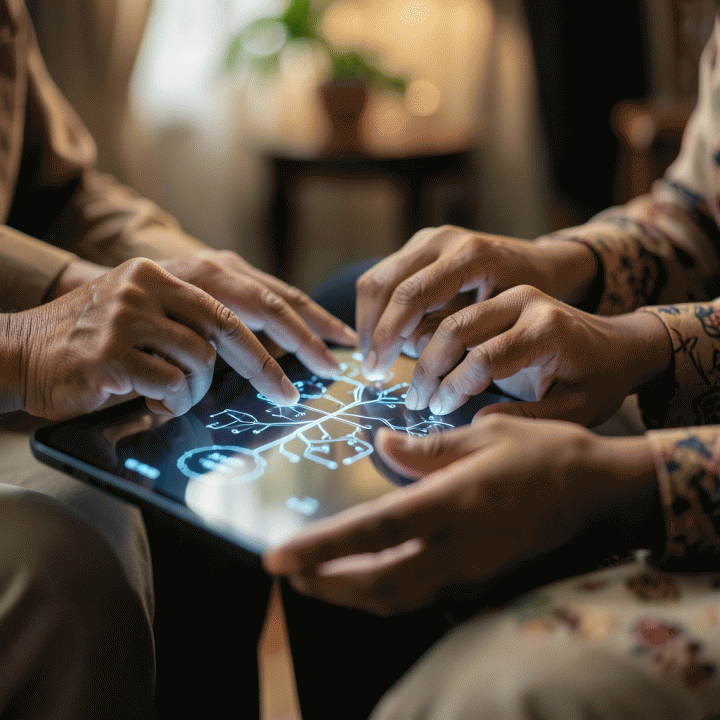 Tangan-tangan dari berbagai generasi menyentuh antarmuka digital yang menampilkan silsilah keluarga yang bercahaya, melambangkan warisan digital.