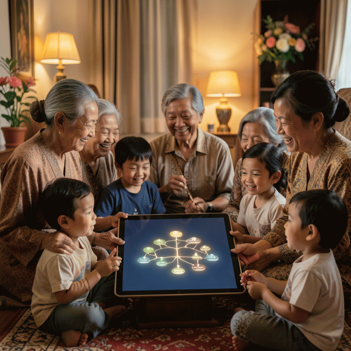 Keluarga multi-generasi Indonesia berkumpul hangat di dalam ruangan modern, berinteraksi dengan tampilan digital silsilah keluarga yang bercahaya, melambangkan pelestarian warisan keturunan.