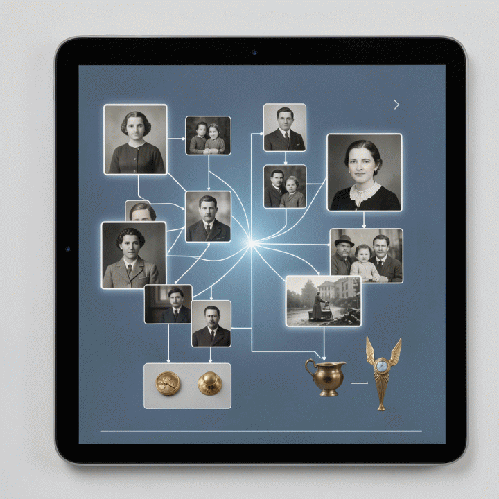 Visualisasi digital yang terstruktur dan rapi dari berbagai foto dan artefak keluarga yang diorganisir di platform digital, melambangkan pelestarian silsilah.