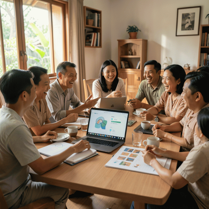 Keluarga Indonesia modern sedang merencanakan acara reuni besar dengan suasana gembira dan terorganisir.