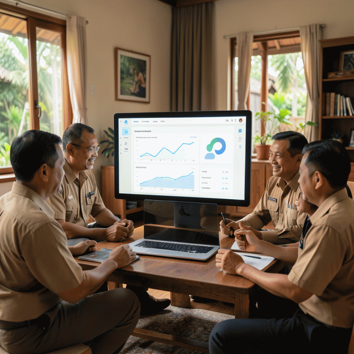 Pengurus RT/RW dan warga berkumpul di ruang pertemuan modern, berinteraksi dengan dashboard digital manajemen komunitas yang menampilkan data dan grafik visual yang rapi, menandakan administrasi lingkungan yang efisien dan transparan.
