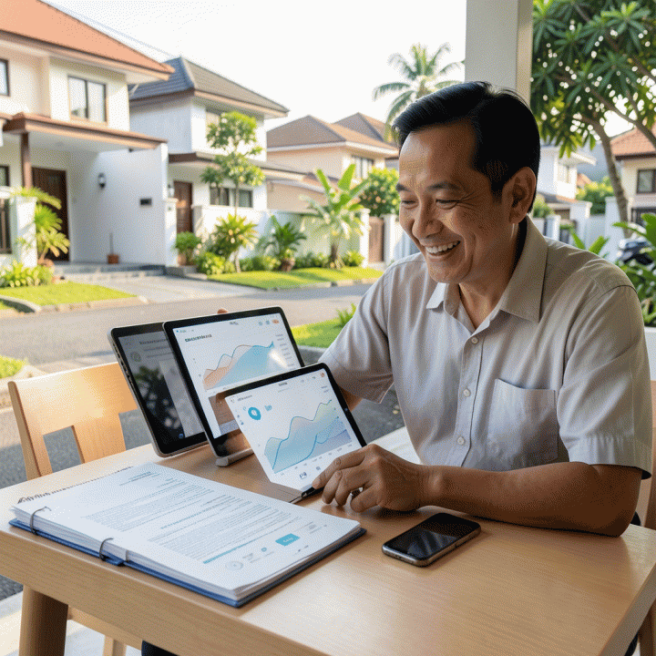Pengurus RT/RW Indonesia modern menggunakan tablet di lingkungan perumahan yang rapi, menunjukkan transisi administrasi manual ke sistem digital yang efisien.