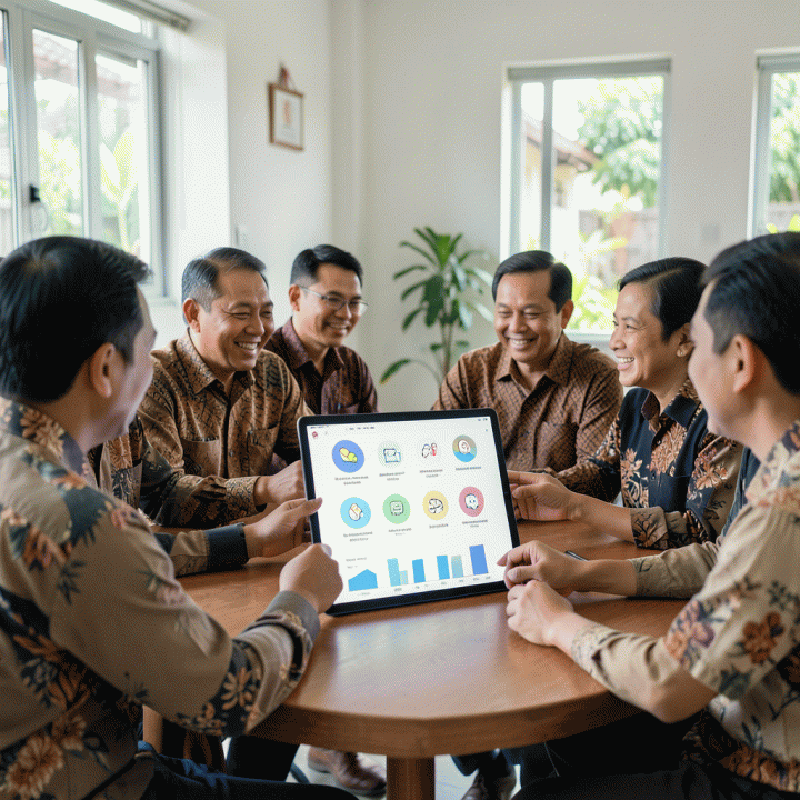 Rapat pengurus lingkungan yang kolaboratif menggunakan sistem digital untuk komunikasi dan transparansi.