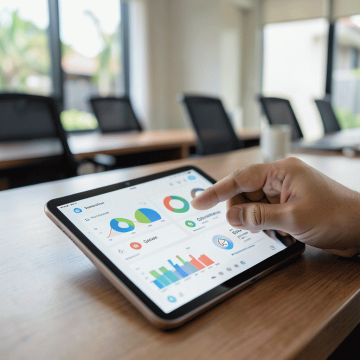 Penggunaan tablet untuk melihat dashboard keuangan dan data warga yang terdigitalisasi, menunjukkan kemudahan akses dan transparansi.