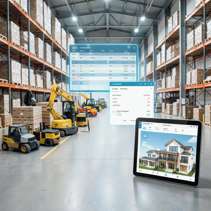 Tampilan sinematik dan fotorealistik sebuah pusat logistik rental modern yang terorganisir, menampilkan integrasi teknologi digital yang melacak inventaris secara real-time, menunjukkan efisiensi operasional.
