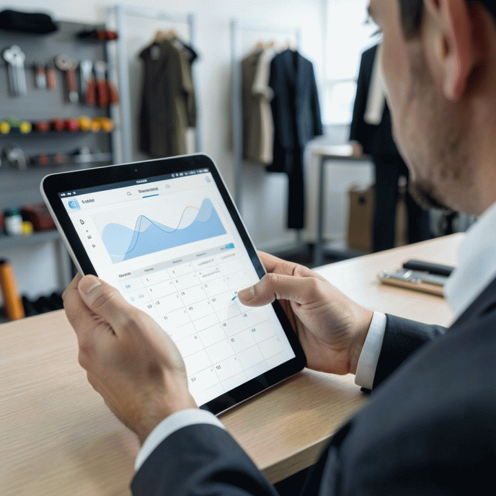 Seorang manajer profesional menggunakan tablet di kantor modern, menunjukkan antarmuka digital yang terstruktur untuk manajemen inventaris dan jadwal sewa yang efisien.