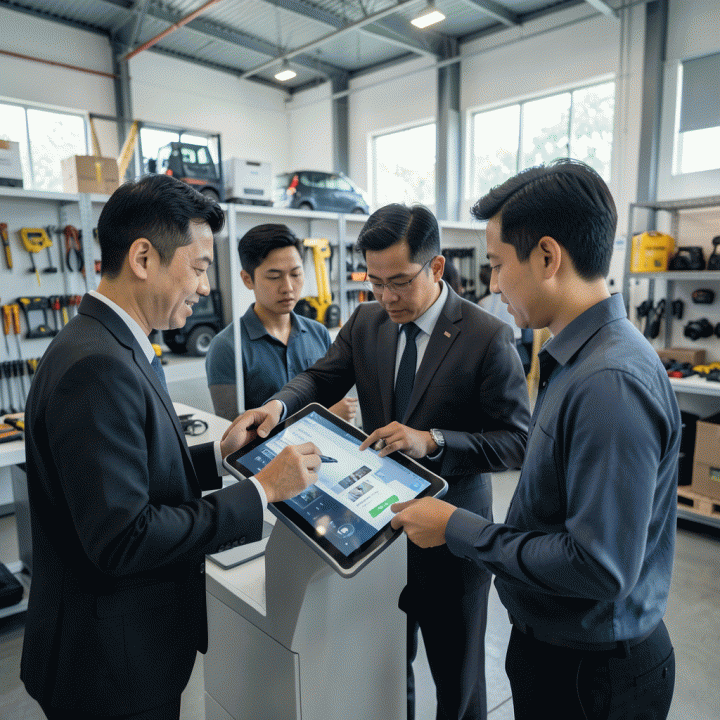 Ilustrasi fotorealistik tim profesional Indonesia yang menggunakan tablet digital di lokasi rental yang modern dan terorganisir, menunjukkan proses operasional yang efisien dan terdigitalisasi.