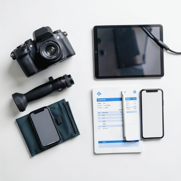 Komposisi flat lay yang menunjukkan aset rental fisik dan alat digital (tablet, smartphone) yang tersusun rapi, melambangkan manajemen operasional modern.