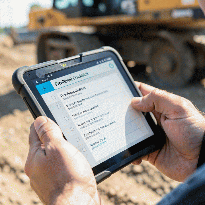 Fokus pada tangan yang memeriksa checklist digital pada tablet saat melakukan pemeriksaan aset sewa di lokasi lapangan.