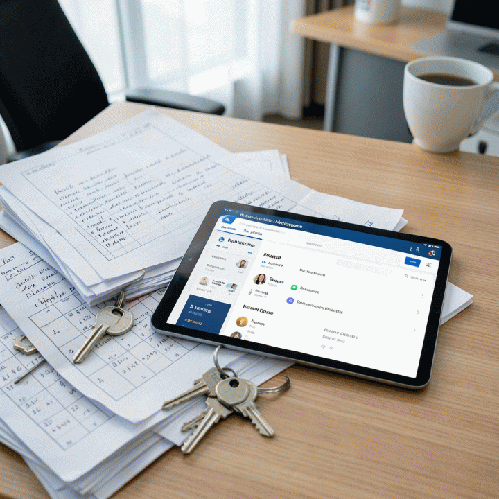 Perbandingan visual antara kekacauan arsip manual dengan kemudahan manajemen inventaris melalui tablet digital.