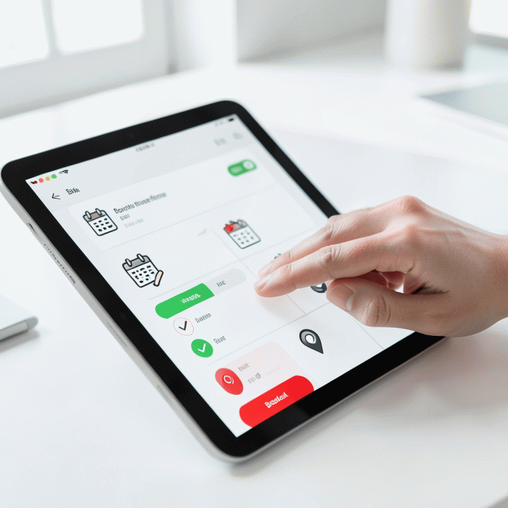 Tangan yang berinteraksi dengan tablet menampilkan antarmuka pemesanan dan penjadwalan yang bersih dan abstrak, melambangkan kemudahan operasional digital.