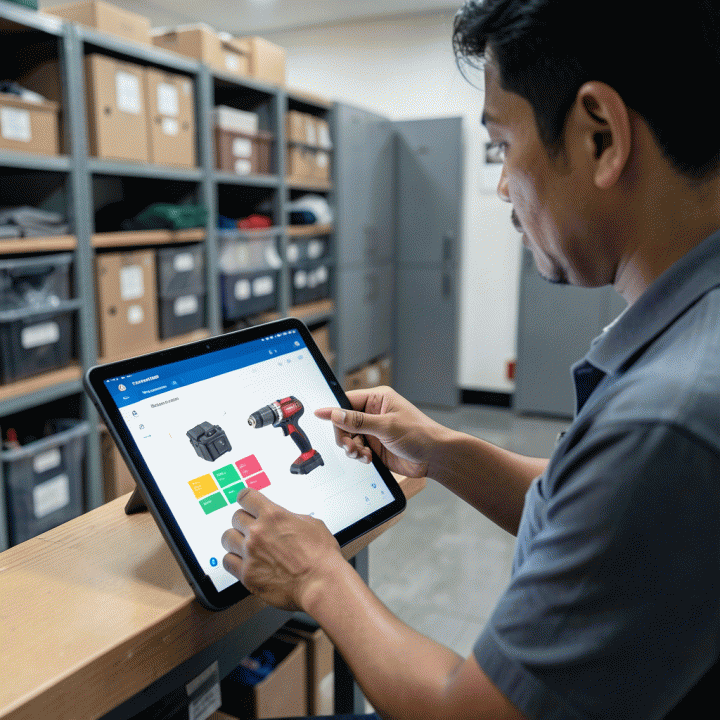 Manajer bisnis rental menggunakan tablet untuk melacak inventaris secara real-time di lokasi yang rapi.