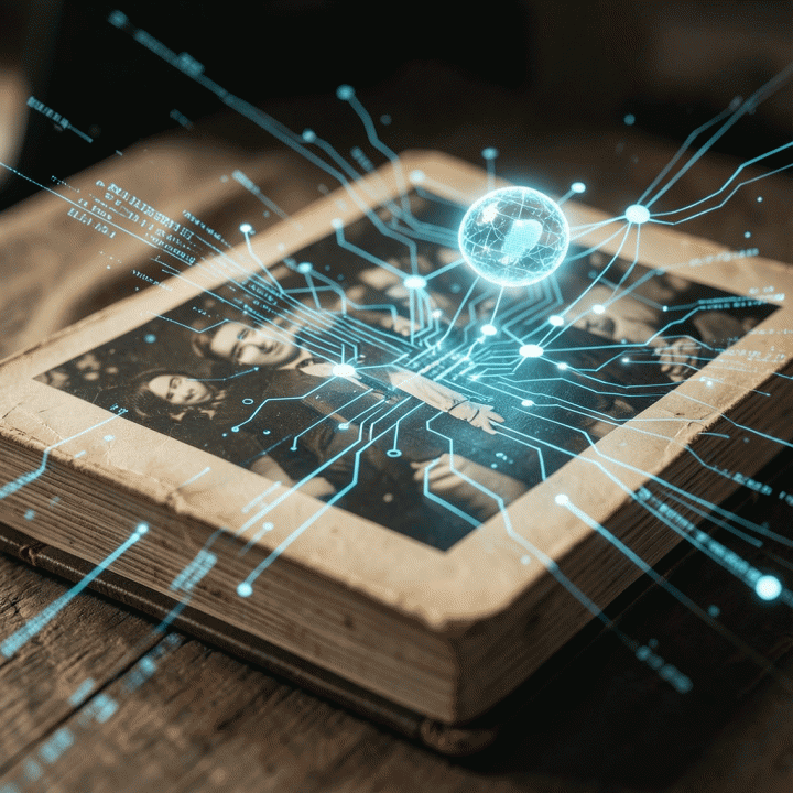 Representasi visual konseptual proses digitalisasi arsip foto lama menggunakan teknologi AI yang futuristik dan bercahaya.
