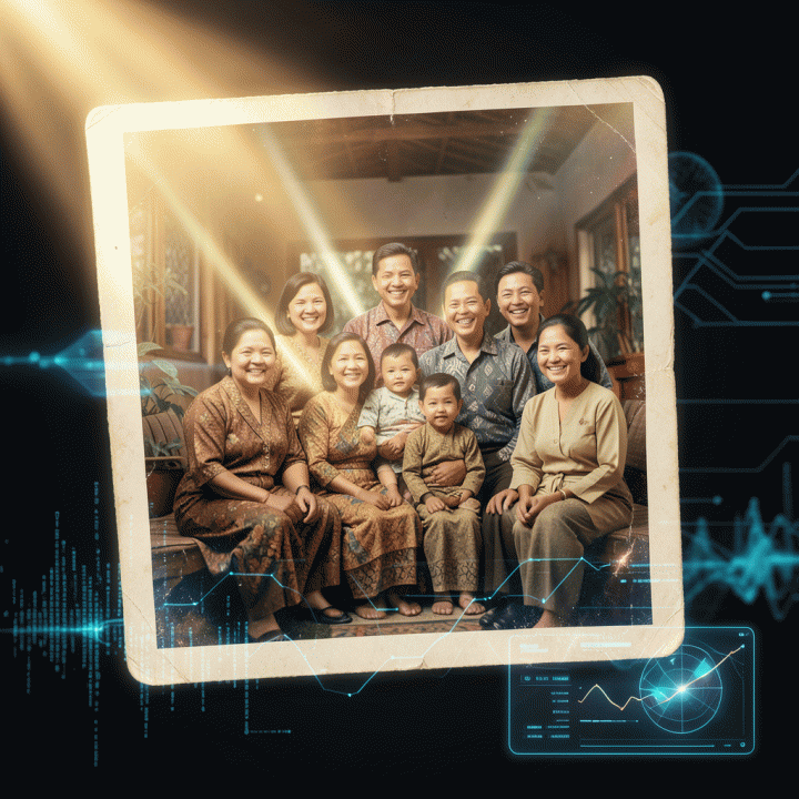 Foto keluarga Indonesia yang buram dan usang, diperbaiki dan dihidupkan kembali secara digital dengan teknologi AI, tampak tajam dan berwarna cerah.