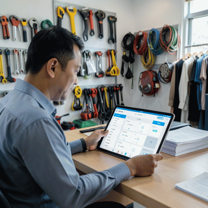 Seorang manajer bisnis rental Indonesia yang tampak fokus menggunakan tablet digital untuk mengelola inventaris dan pemesanan sewa secara terotomatisasi di kantor yang modern dan rapi.