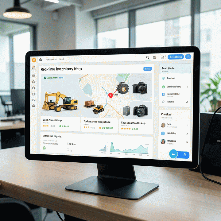 Tampilan dashboard manajemen operasional rental digital yang menunjukkan status inventaris secara real-time dan memudahkan pemesanan.