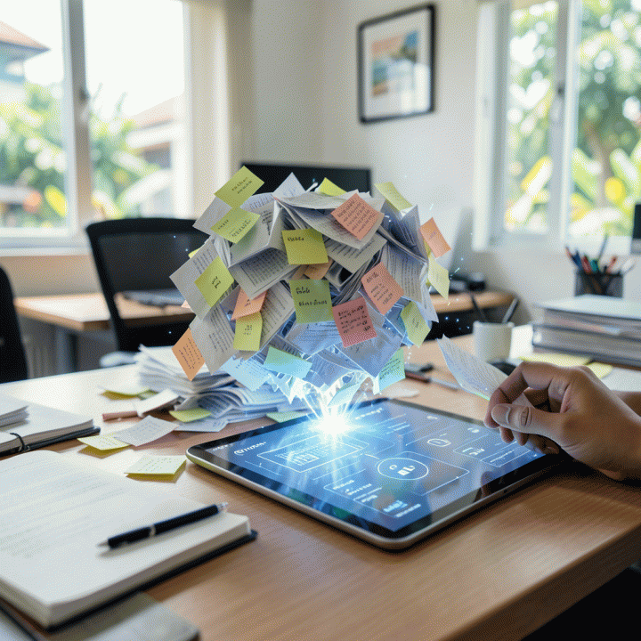 Visualisasi perbandingan antara kerumitan operasional manual (tumpukan kertas) yang hilang atau berubah menjadi sistem digital yang rapi dan terotomasi.