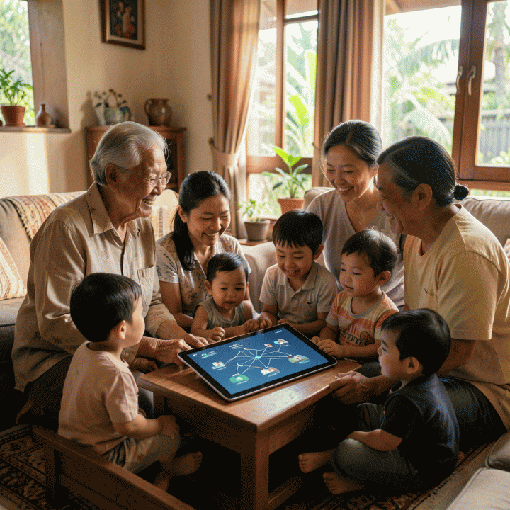 Keluarga Indonesia multi-generasi berkumpul di ruang tamu modern, melihat visualisasi silsilah keluarga digital yang indah di tablet, melambangkan pelestarian warisan keturunan.