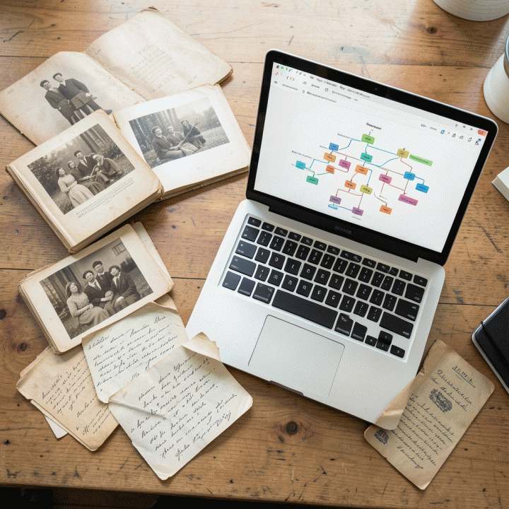 Foto penataan datar (flat lay) yang menampilkan perpaduan artefak silsilah keluarga fisik (foto lama, surat) dengan laptop modern yang menampilkan visualisasi pohon keluarga digital.