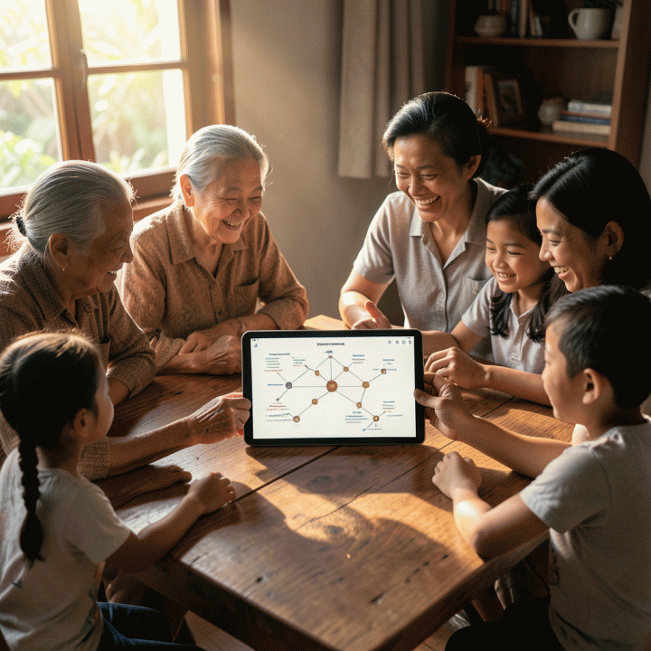 Keluarga multi-generasi Indonesia yang berkumpul bahagia di sekitar tablet digital, melihat silsilah keluarga yang terstruktur dan indah, melambangkan pelestarian warisan keturunan.