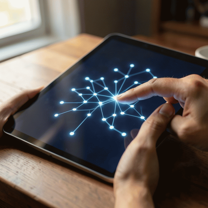 Tangan-tangan yang sedang berinteraksi dengan antarmuka digital yang menampilkan diagram silsilah keluarga yang terstruktur.