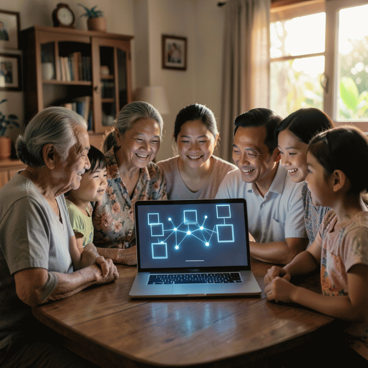 Keluarga Indonesia lintas generasi berkumpul mengelilingi laptop yang menampilkan pohon keluarga digital holografik.