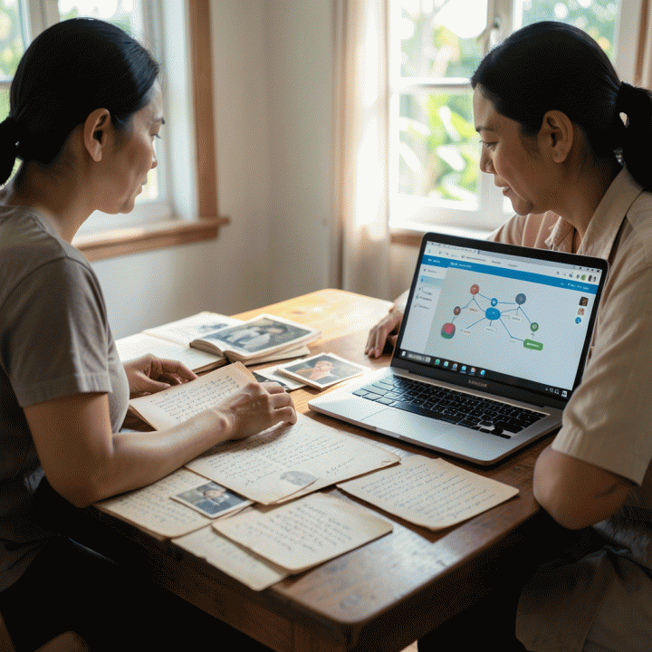 Seseorang di meja kayu sedang membandingkan arsip fisik foto dan dokumen tua dengan tampilan pohon keluarga digital yang rapi di layar laptop, melambangkan proses digitalisasi silsilah keluarga.