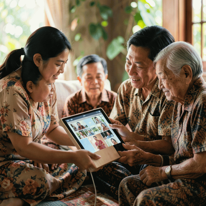 Interaksi hangat antara anggota keluarga muda dan lansia saat meninjau kenangan digital bersama-sama di acara kumpul keluarga.