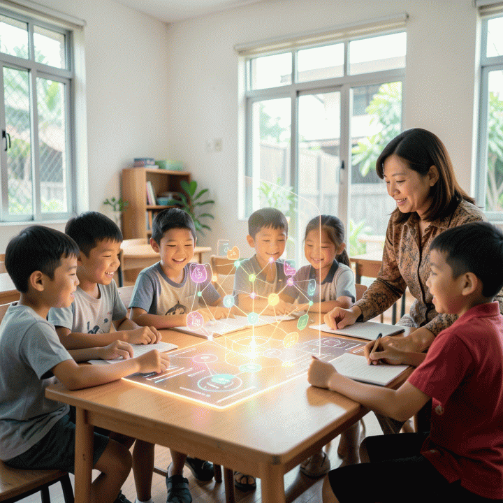Guru dan siswa di ruang kelas modern Indonesia, berinteraksi dengan visualisasi materi belajar yang dihasilkan oleh AI, menciptakan suasana pembelajaran yang menyenangkan dan efisien.