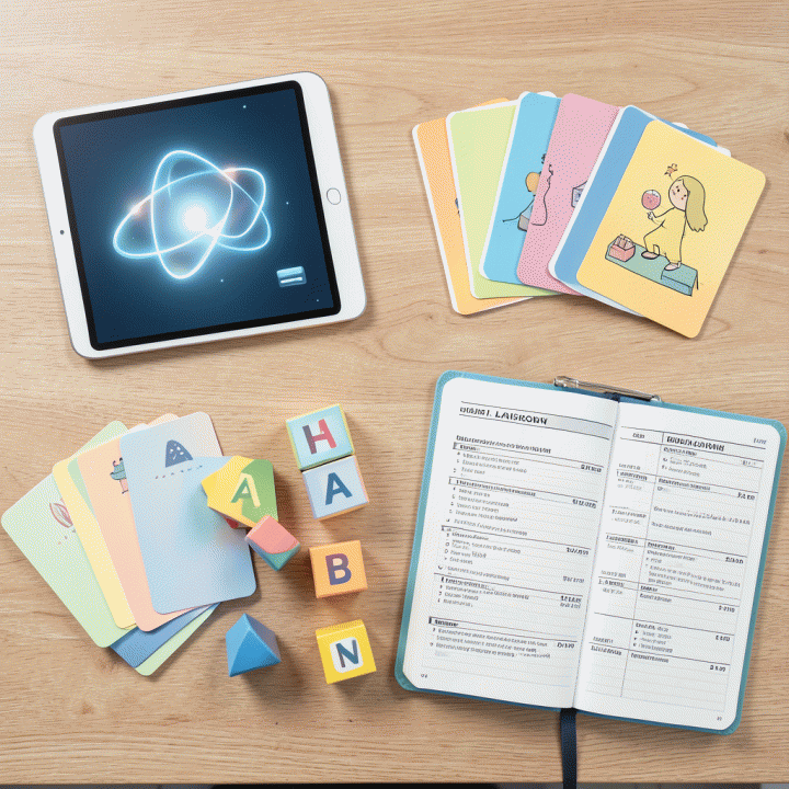 Tampilan atas (flat lay) berbagai materi belajar dan alat bantu edukasi yang tersusun rapi, dikombinasikan dengan representasi visual abstrak dari bantuan teknologi AI, menekankan efisiensi persiapan guru.